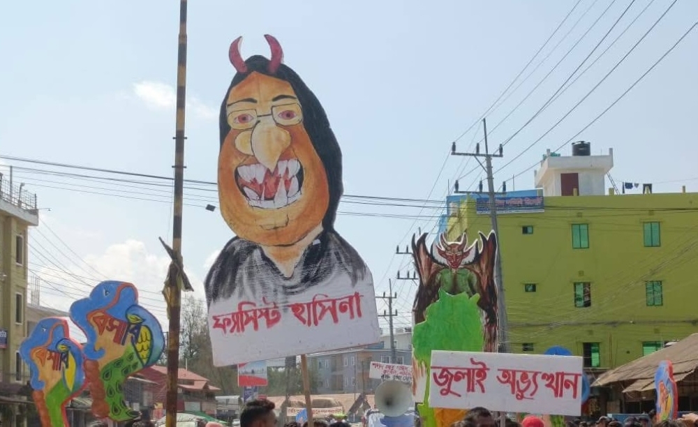 Bangladesh cultural affairs adviser Mostofa Sarwar Faruqui accused 'friends of Hasina' of setting fire to the effigy of Bangladesh's ousted prime minister Sheikh Hasina. — Social media pic
