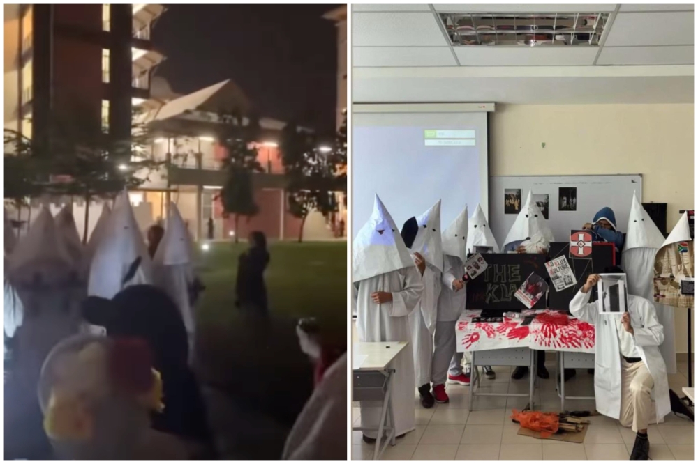 Screengrab of the video and picture of the UiTM Dengkil students wearing the KKK robes as posted on their social media accounts. — Screengrabs from Twitter/@YuenA_9