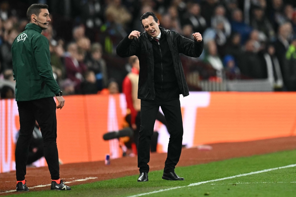 Aston Villa's Spanish head coach Unai Emery reacts during the Uefa Champions League quarter-final second-leg football match between Aston Villa and Paris Saint-Germain at Villa Park in Birmingham April 15, 2025. — AFP pic