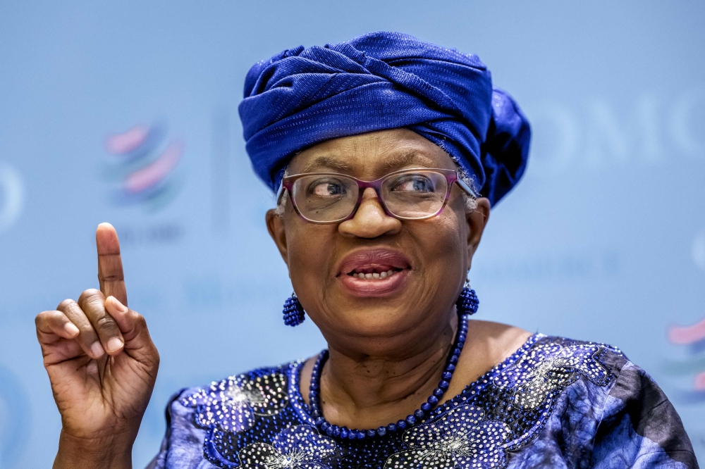 World Trade Organization (WTO) Director-General Ngozi Okonjo-Iweala gestures during a press conference on annual trade forecast in Geneva on April 16, 2025. — AFP pic