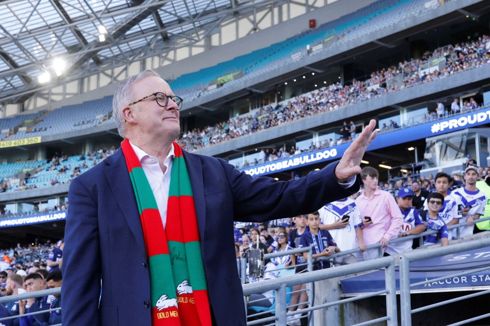Australian Prime Minister Anthony Albanese attends a NRL match between the Canterbury-Bankstown Bulldogs and the South Sydney Rabbitohs at ACCOR Stadium in Sydney, Australia, April 7, 2023. — Reuters pic