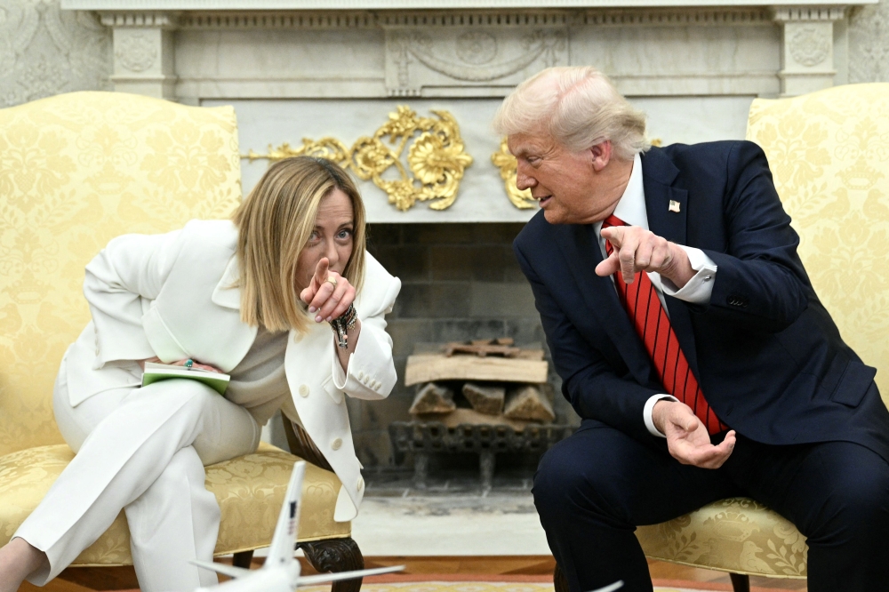 US President Donald Trump meets with Italian Prime Minister Giorgia Meloni in the Oval Office of the White House in Washington, DC, on April 17, 2025. — AFP pic