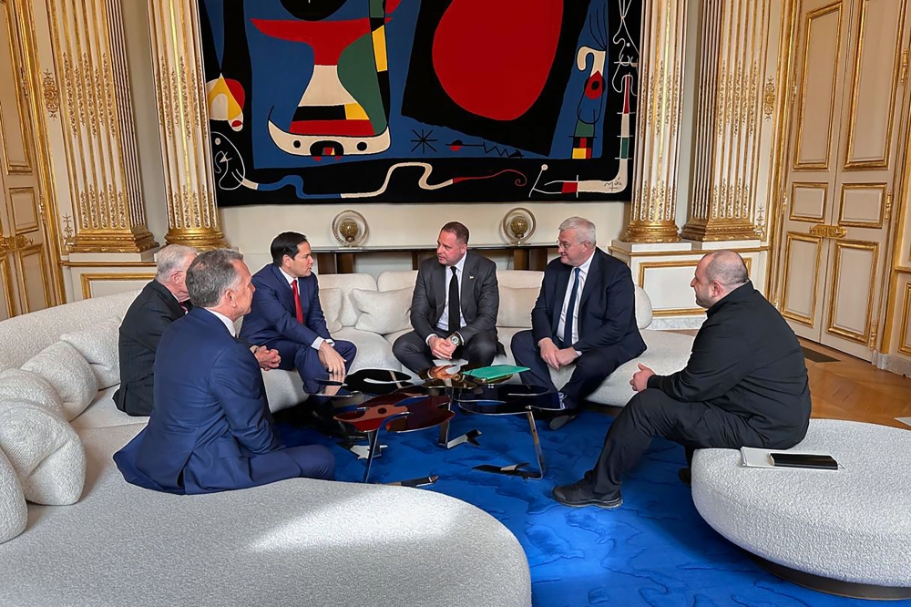 In this handout photograph taken and released by the Ukrainian Presidential Press Service late on April 17, 2025, (left-right) US Special Envoy Steve Witkoff, US Special Envoy for Ukraine and Russia Keith Kellogg, US Secretary of State Marco Rubio, Head of the Office of the President of Ukraine Andriy Yermak, Ukraine's Foreign Ministes Andrii Sybiha and Ukraine's Defence Minister Rustem Umerov take part in a diplomatic meeting at the Elysee presidential palace in Paris, amid the Russian invasion of Ukraine. — AFP pic