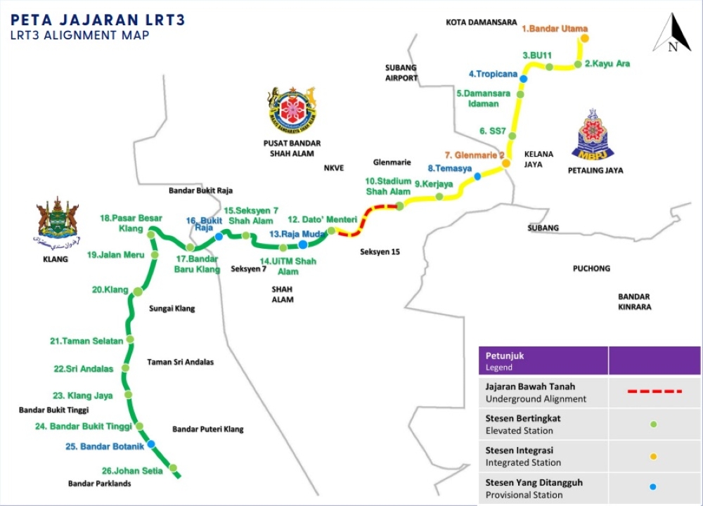 The LRT3 alignment spans 37.8km in length from Bandar Utama, Petaling Jaya to Johan Setia, Klang. — Picture via LRT3.com.my