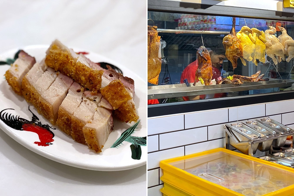 ‘Siu yoke’ (left). Roast meats in the kitchen (right). — Picture by CK Lim