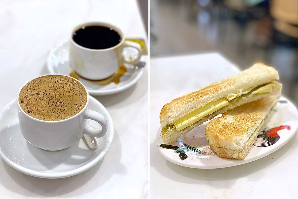 Robust ‘kopi’ and ‘kopi O’ (left). ‘Roti bakar’ with butter and ‘kaya’ (right). — Picture by CK Lim