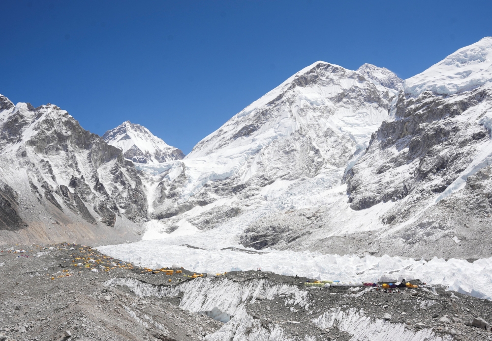 A general view of base camp overlooking Mount Everest, the world’s highest peak and other peaks of the Himalayan range in Solukhumbu district, also known as the Everest region, Nepal, April 17, 2025. Snowfall in Asia’s Hindu Kush-Himalayan mountain range has reached a 23-year low, threatening nearly two billion people dependent on snowmelt for water, scientists warned in a report on Monday. — Reuters pic 