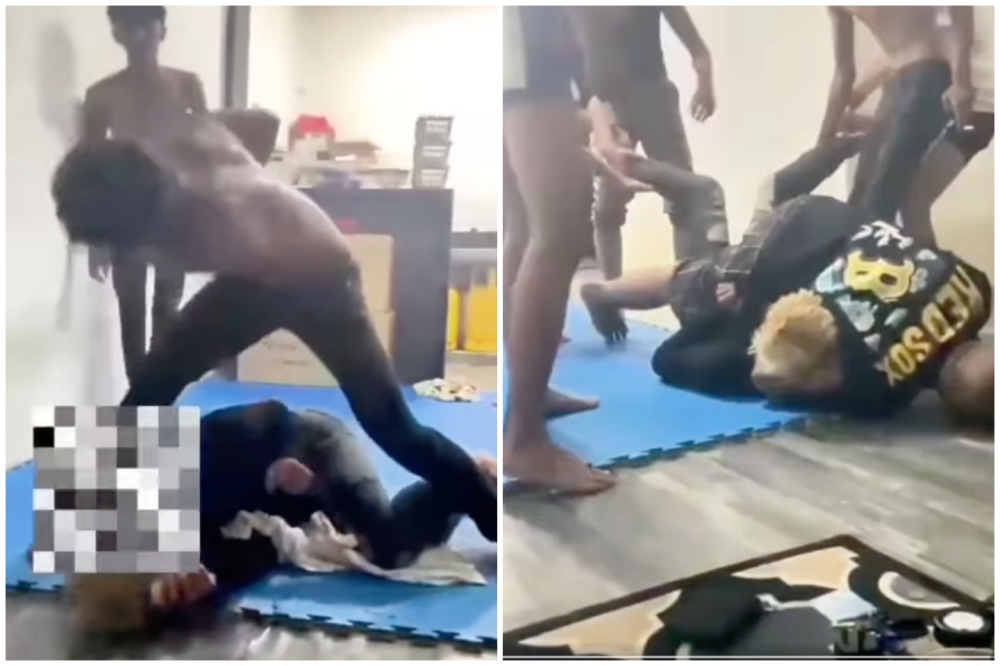 Screengrabs of a viral video showing the young man being surrounded and beaten up by a group of men.