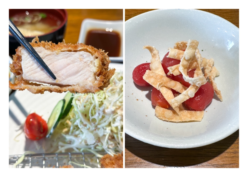 The pork is tender for the Rosu Katsu Set (left) and Pickled Tomato (right) is a refreshing starter to the meal. — Pictures by Lee Khang Yi