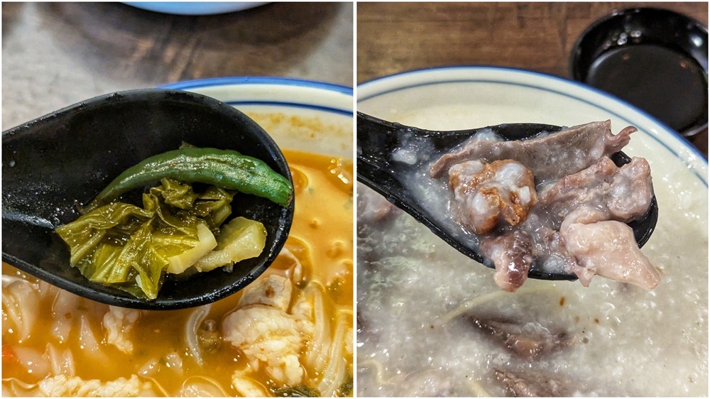 There are also sizable chillies thrown in for good measure (left). Crispy intestines and thin slices of heart and tongue in porridge (right). — Picture by Ethan Lau