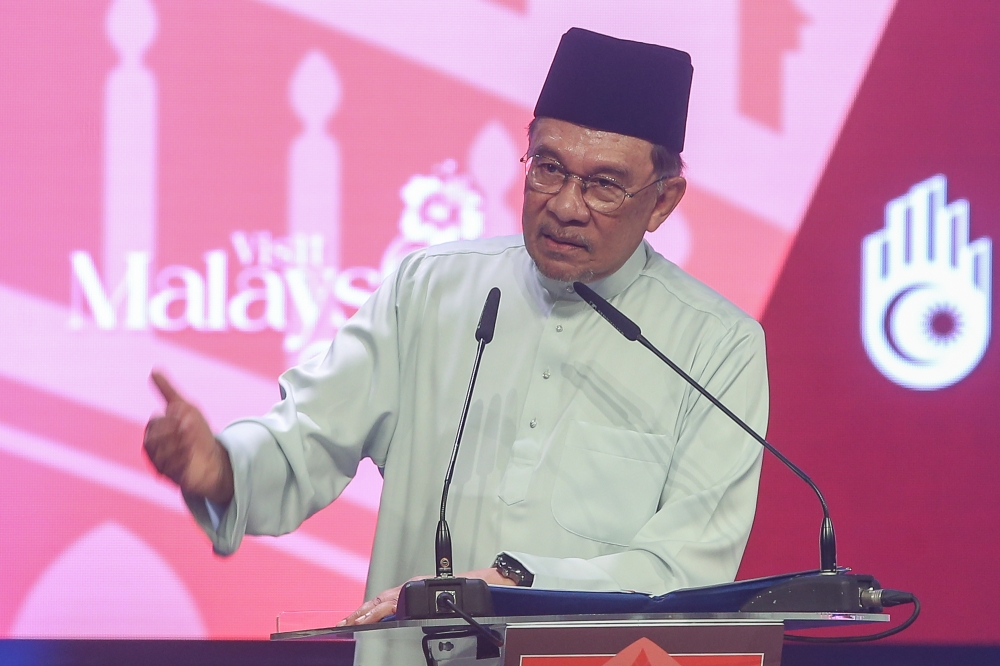 Prime Minister Datuk Seri Anwar Ibrahim speaks during the launch of the Warisan Kuala Lumpur at DBKL Tower in Kuala Lumpur April 25, 2025. — Picture by Yusof Mat Isa