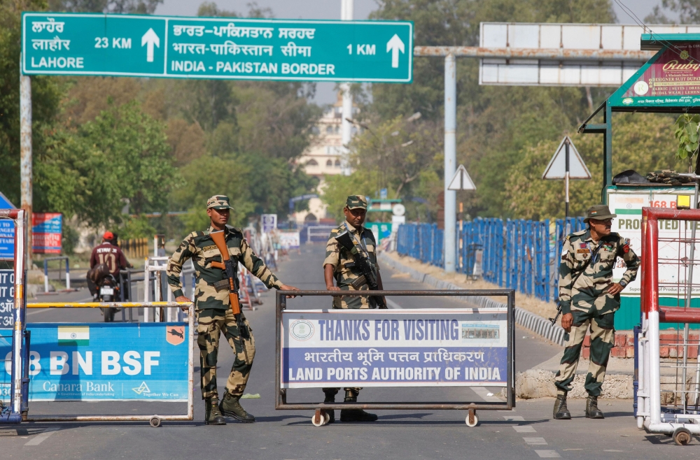 Border Security Force (BSF) security personnel stand guard at the Attari-Wagah crossing on the India-Pakistan border in Amritsar, India, April 25, 2025. — Reuters pic