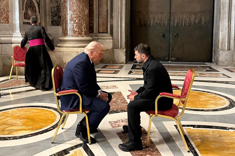 In this handout photograph taken and released by the Ukrainian Presidential Press Service in Kyiv on April 26, 2025, Ukraine's President Volodymyr Zelensky (right) meets with US President Donald Trump (left) on the sidelines of Pope Francis's funeral at St. Peter's Basilica at the Vatican. — Ukrainian Presidential Press Service handout/AFP pic