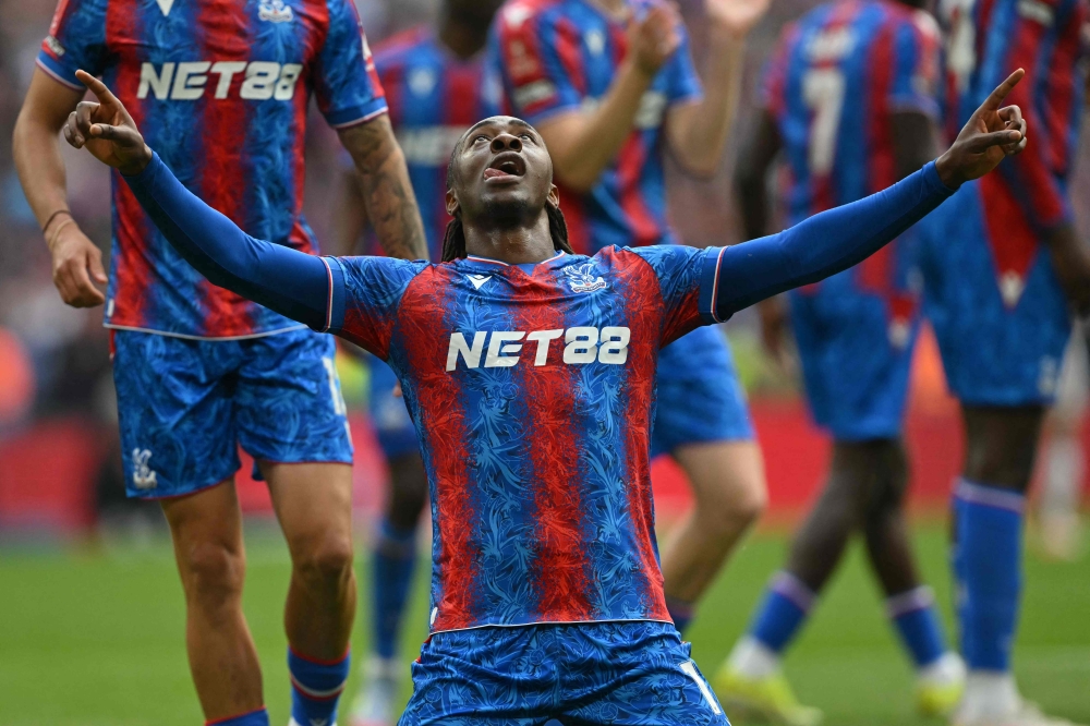Crystal Palace's English midfielder #10 Eberechi Eze celebrates a after scoring the opening goal of the English FA Cup semi-final football between Crystal Palace and Aton Villa at Wembley Stadium in north London April 26, 2025. — AFP pic