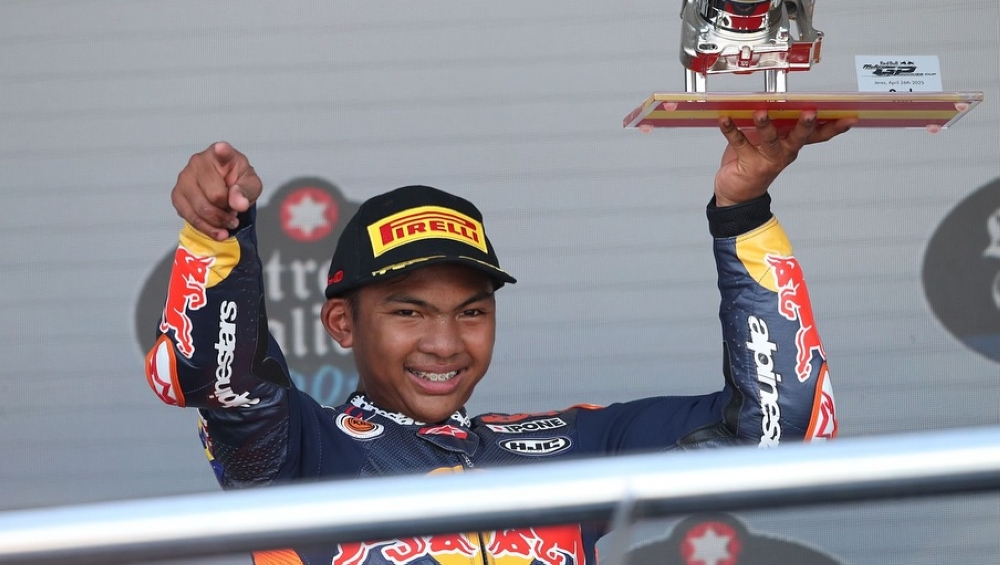 Malaysian Muhammad Hakim Danish Ramli, 17, beams after securing second place at the Spanish Grand Prix (GP) Rookies Cup on April 26, 2025. — Picture from Facebook/Hakim Danish