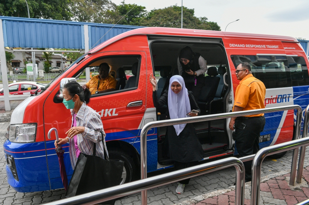 Passengers using the Demand Responsive Transit (DRT) service at LRT Taman Bahagia in Petaling Jaya, Selangor. — Bernama pic