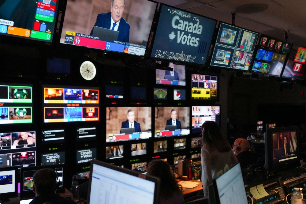 Screens display election poll results and other information in the control room for CBC’s election night special coverage of Canada’s federal election, in Toronto, Ontario, Canada April 28, 2025. — Reuters pic 