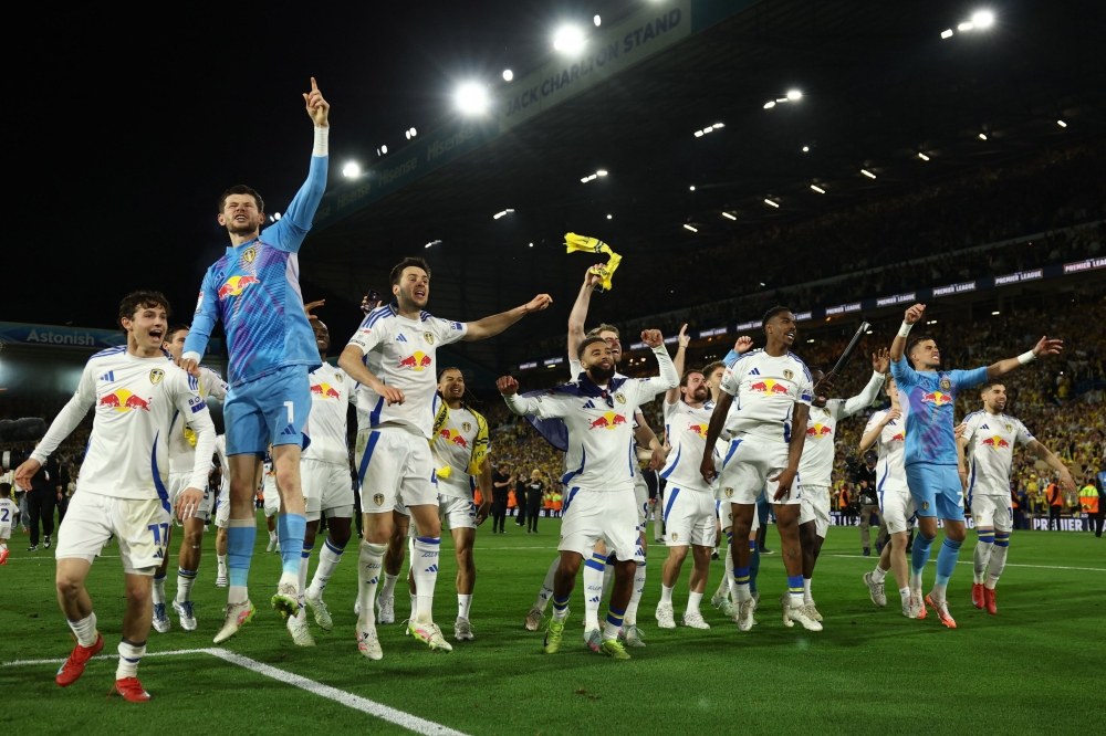 Leeds United players celebrate promotion to the Premier League at Elland Road, Leeds, April 28, 2025. — Action Images pic via Reuters