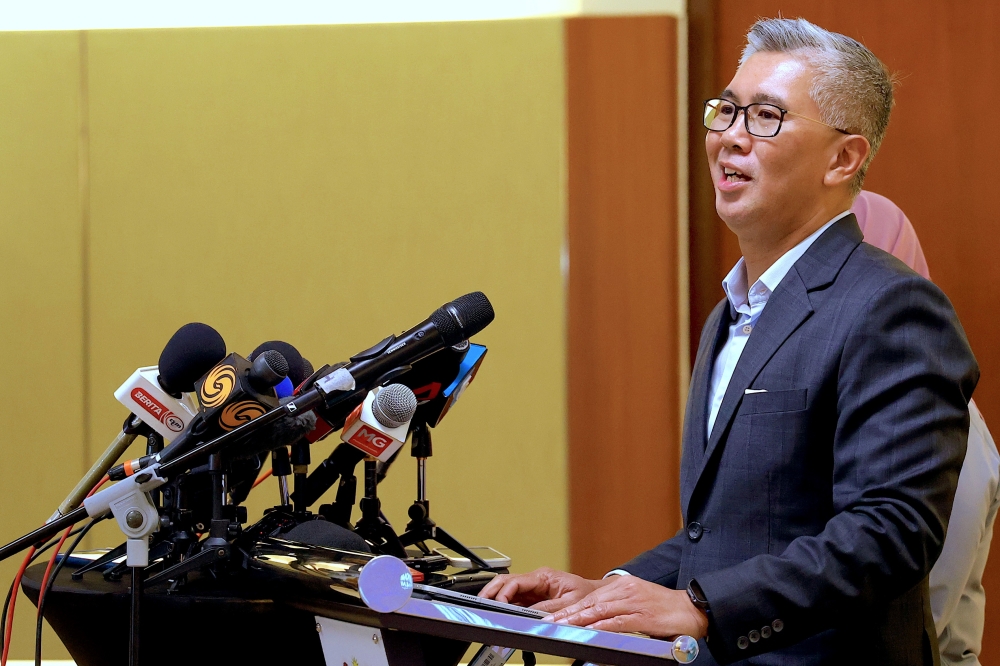 Investment, Trade and Industry Minister Tengku Datuk Seri Zafrul Abdul Aziz speaks during the National Geoeconomic Command Centre press conference at Menara MITI in Kuala Lumpur on April 14, 2025. Picture by Firdaus Latif