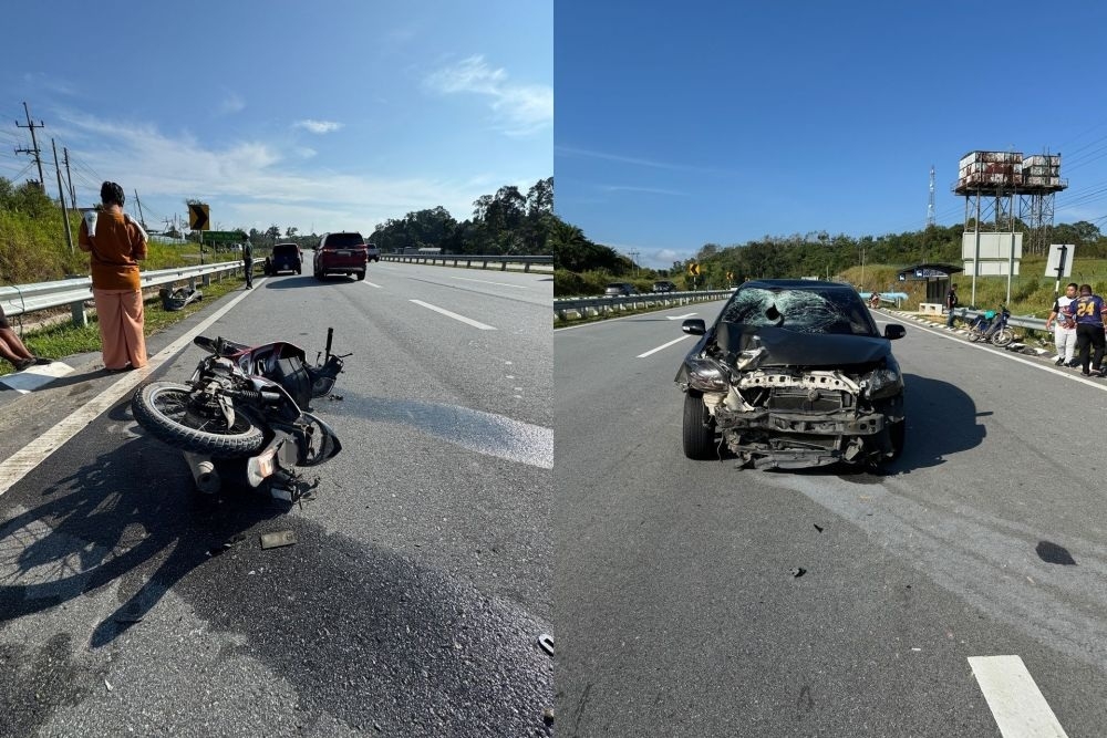 A combo picture showing the damaged motorcycle and car following the accident. — Picture courtesy of police