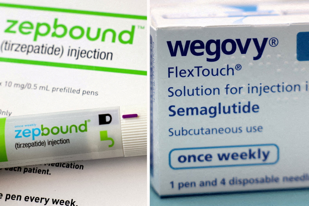 A combination image shows an injection pen of Zepbound, Eli Lilly's weight loss drug, and boxes of Wegovy, made by Novo Nordisk. — Reuters pic 