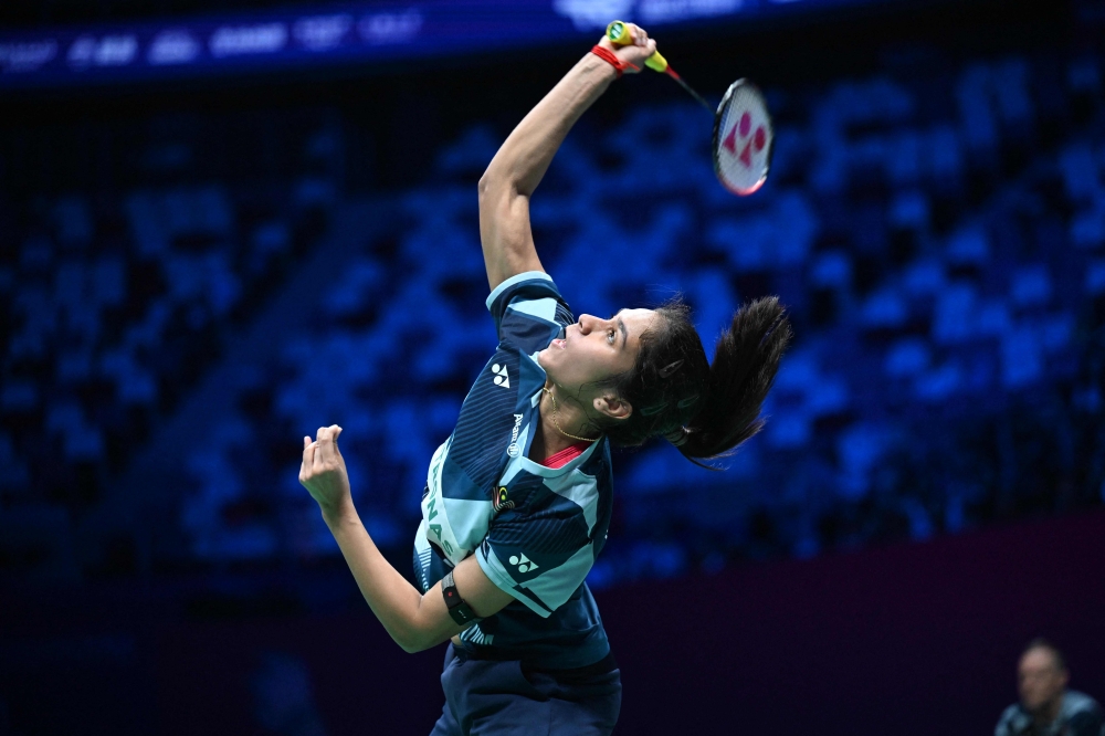 Malaysia’s K. Letshanaa hits a return to China’s Chen Yufei during their women’s singles quarterfinal match in Xiamen May 2, 2025.