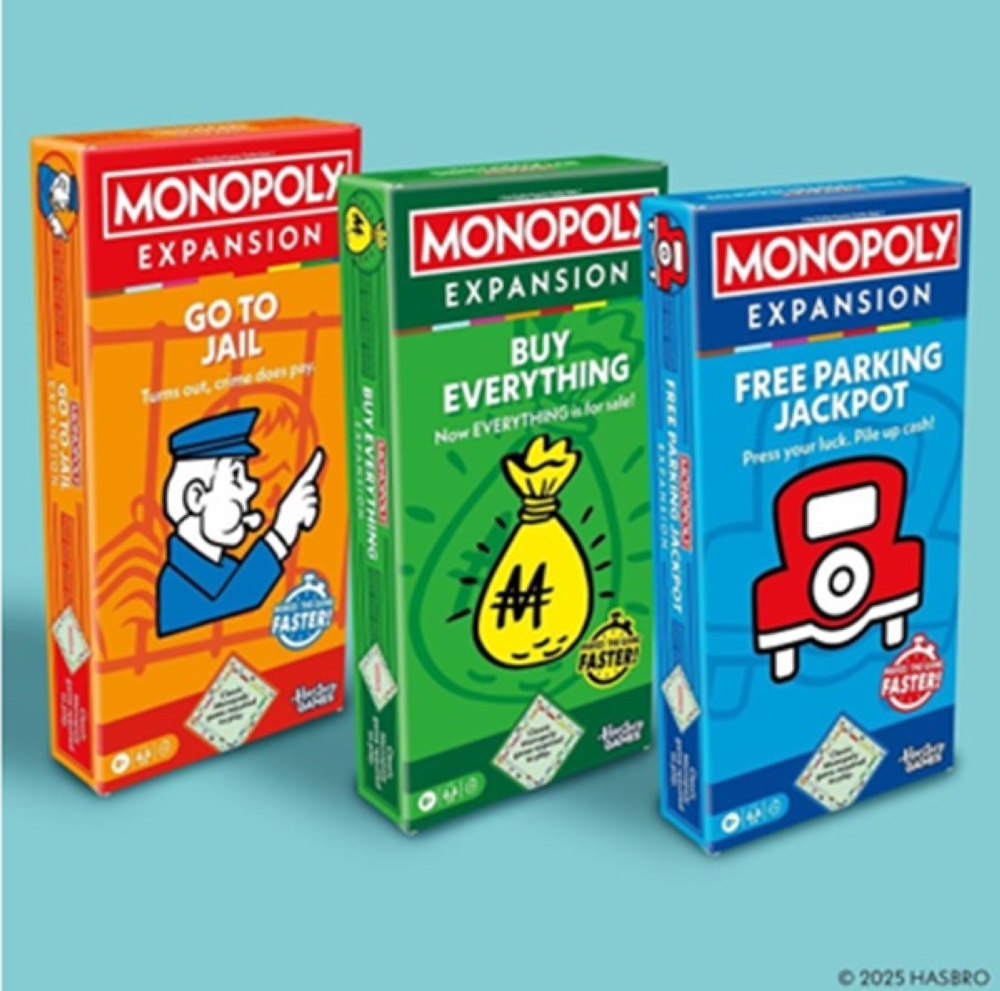 The three expansion packs — Free Parking Jackpot, Go To Jail, and Buy Everything — are each priced at RM44.90 and are designed to add unique twists to the original game while reducing playtime to about 40 minutes. — Picture courtesy of Hasbro