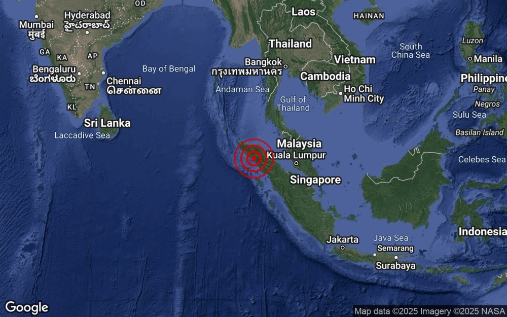 The epicentre of the earthquake in Sumatra, Indonesia as seen on a map showing South-east Asia, and its proximity to Malaysia on May 11, 2025. — Picture from Facebook/ Malaysian Meteorological Department