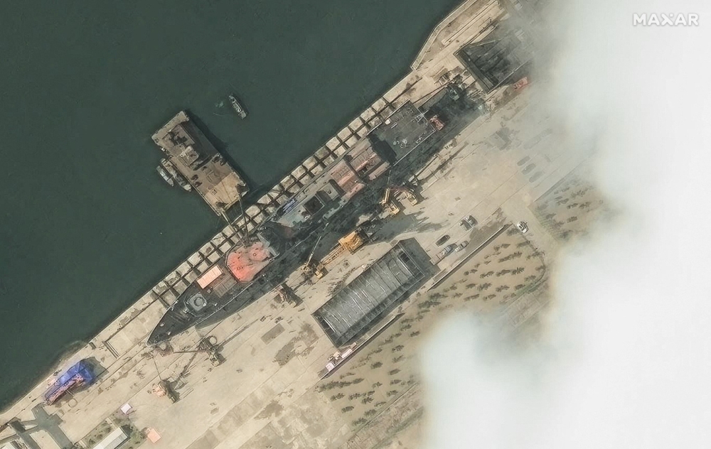 A satellite image shows the new North Korean warship at harbour before launch, in Chongjin, North Korea, May 18, 2025. — Maxar Technologies handout pic via Reuters