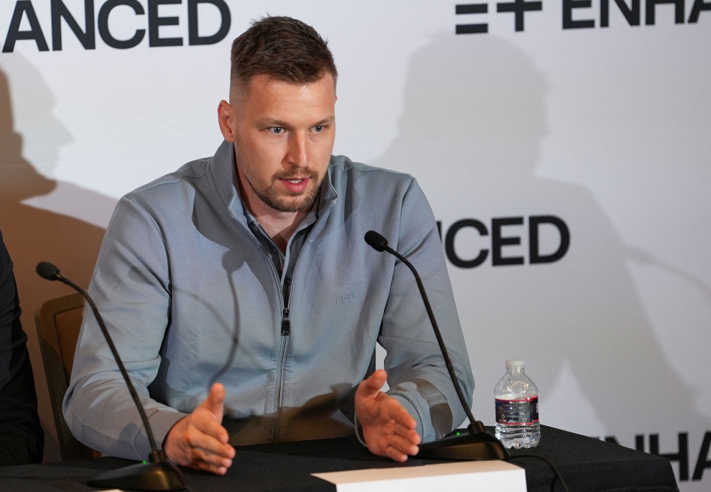 Athlete and swimmer Andriy Govorov speaks to members of the press about joining the ‘Enhanced Games’ roster during a press conference, in Las Vegas, Nevada May 21, 2025. — Reuters pic
