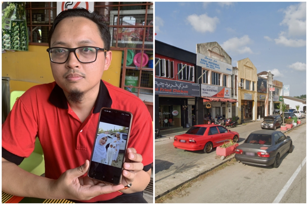 Muhammad Syahrul Ikhwan Seri Buana, 33, shows a photo of his wife, Nor Faziera Muda, who was the victim of an acid attack in Beris Kubur Besar (right). — Pictures from Bernama and Google Street View