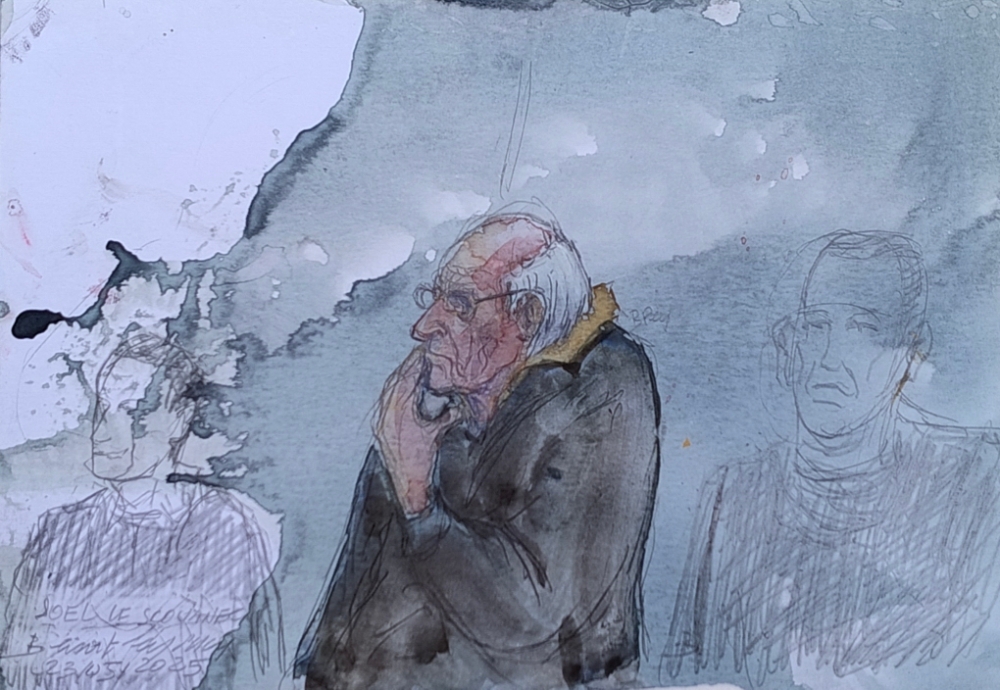 This court sketch shows the defendant, French retired surgeon Joel Le Scouarnec listening during a hearing in his trial on charges of rape and sexual assault of 299 former patients, at the courthouse of Vannes, France May 23, 2025. — AFP pic