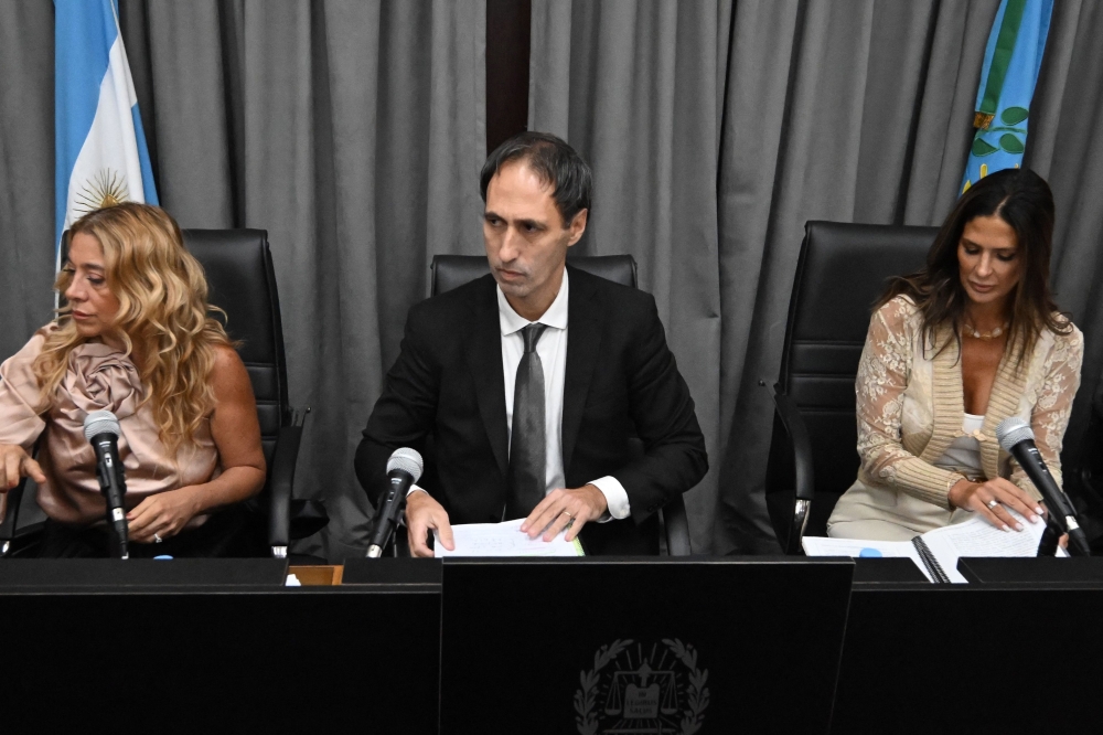 Maradona death trial judges (from left) Veronica Di Tommaso, Maximiliano Savarino and Julieta Makintach are seen at the San Isidro court in San Isidro, Buenos Aires province, Argentina on March 11, 2025. — AFP pic