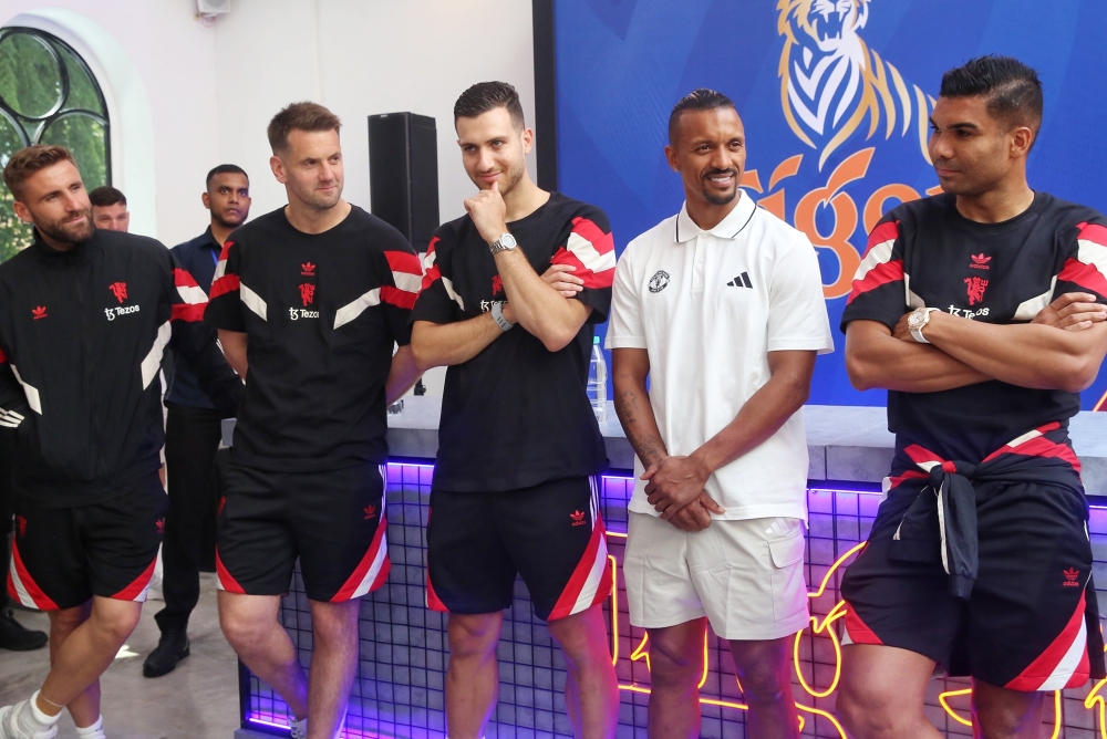 Manchester United players Luke Shaw, Casemiro, Diogo Dalot, Tom Heaton and club legend Nani are seen at Asia's first Tiger Beer x Manchester United Pop-Up Bar in Kuala Lumpur May 27, 2025. — Picture by Choo Choy May