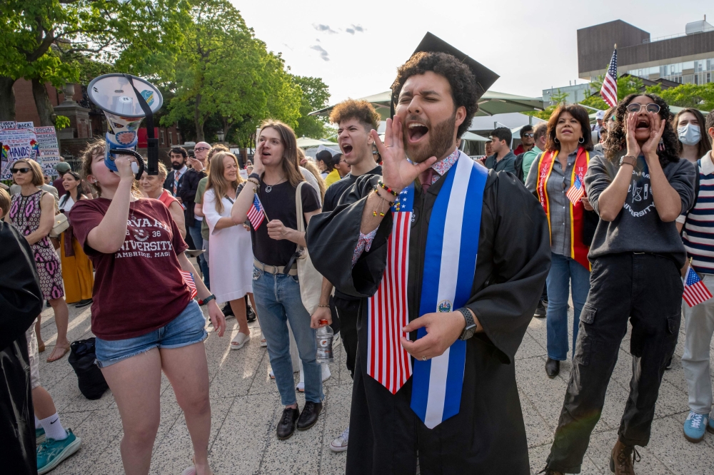 Graduating Harvard student Victor Flores and others rally in support of international students during the Harvard Students for Freedom rally at the Harvard University campus in Boston, Massachusetts, on May 27, 2025. — AFP pic