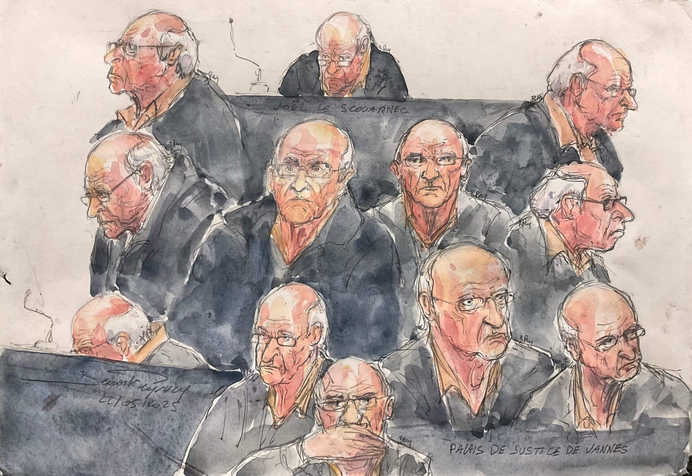Court sketches of French retired surgeon Joel Le Scouarnec, reacting during his trial on charges of rape and sexual assault of 299 former patients, at the courthouse of Vannes, France, on May 22, 2025. — AFP pic