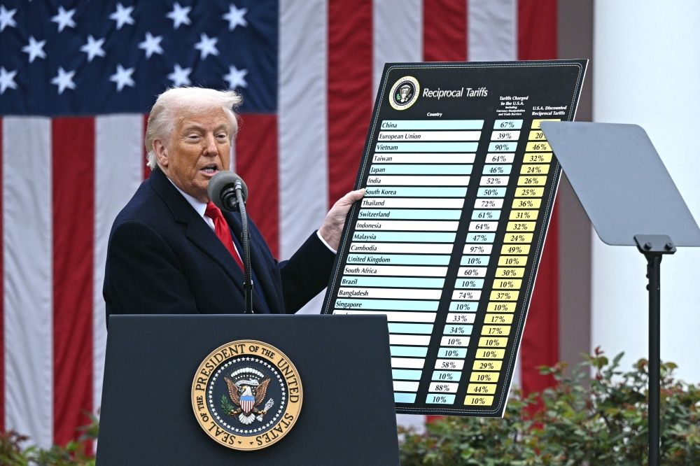 US President Donald Trump holds a chart as he delivers remarks on reciprocal tariffs during an event in the Rose Garden entitled 'Make America Wealthy Again' at the White House in Washington, DC, on April 2, 2025. — AFP pic