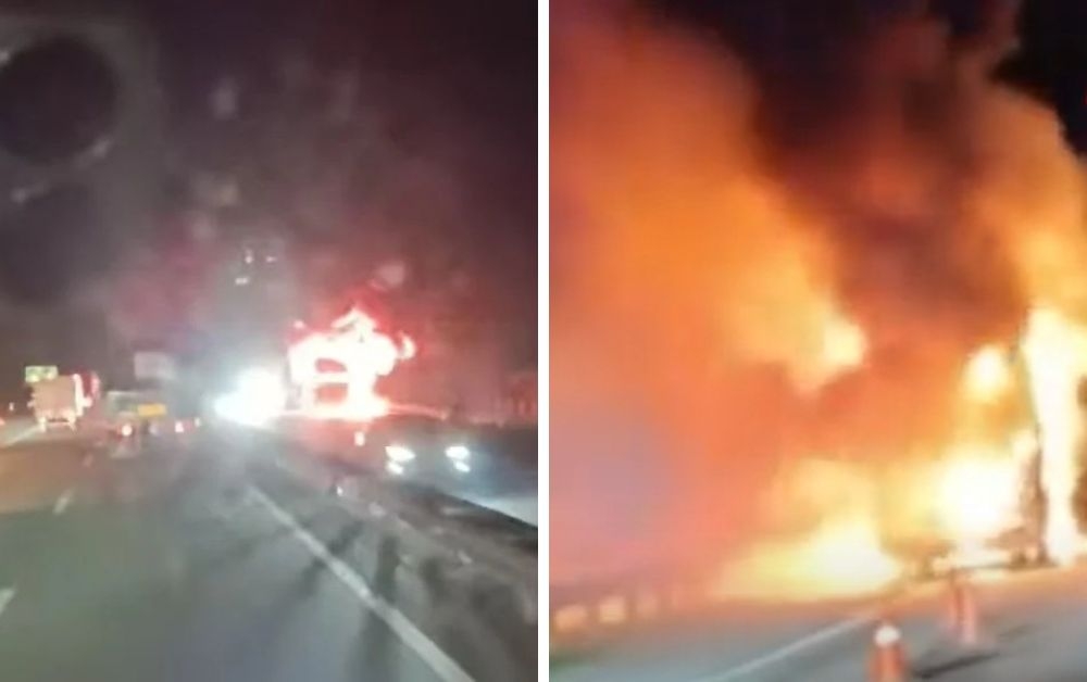 Twenty-eight passengers escaped uninjured after the express bus they were travelling in caught fire near Kamunting along KM406 of the North-South Expressway last night. — Pictures via social media