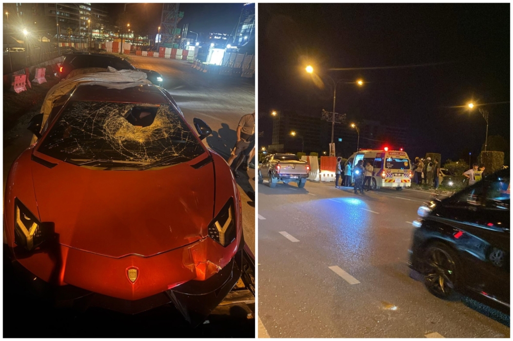 The Lamborghini sports car (left) that allegedly hit a foreign worker at Jalan Airport, Kuching (right). — Pictures from Kuching police and Facebook