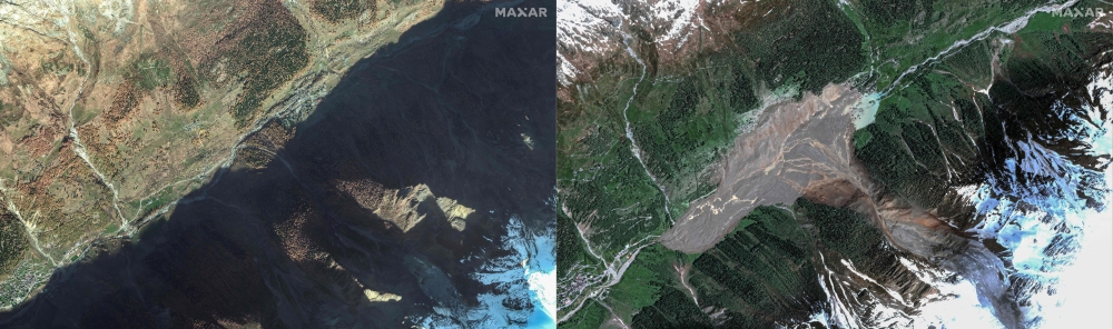 Satellite images shows the small village of Blatten and its surroundings in the Bietschhorn mountain of the Swiss Alps, Switzerland on November 3, 2024 (left) and (right) on May 29, 2025 after it was destroyed the previous day by a landslide after part of the huge Birch Glacier collapsed. — AFP pic