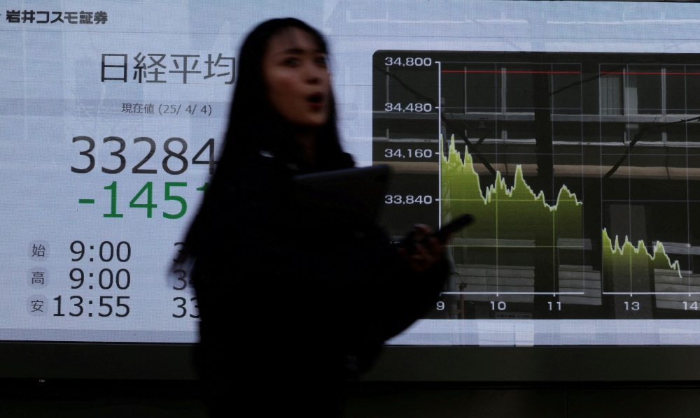 File picture of a pedestrian walking past a stock quotation board showing Nikkei share average outside a brokerage in Tokyo, Japan April 4, 2025. In the meantime, caution reigned and MSCI’s broadest index of Asia-Pacific shares outside Japan went flat. Japan’s Nikkei fell 1.1 per cent, while South Korean stocks dipped 0.1 per cent. — Reuters pic  