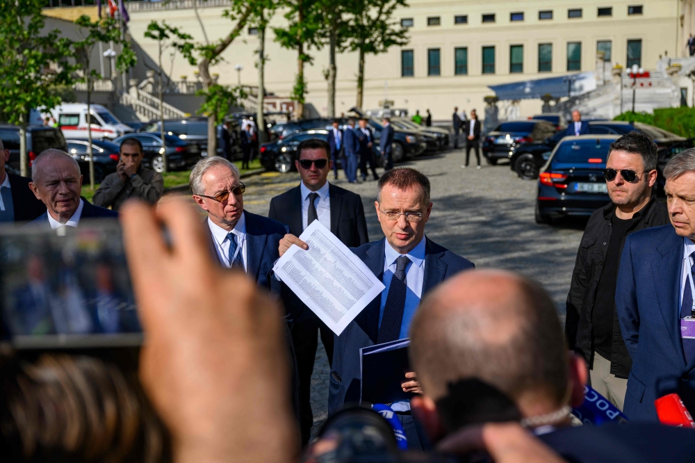 Vladimir Medinsky (centre), head of the Russian delegation, delivers a statement to the press after a second round of direct talks between Ukrainian and Russian delegations in Istanbul, on June 2, 2025. Russia proposed a partial ceasefire of ‘two to three days’ at talks with Ukraine in Istanbul on June 2, Moscow’s top negotiator Vladimir Medinsky said. — AFP pic