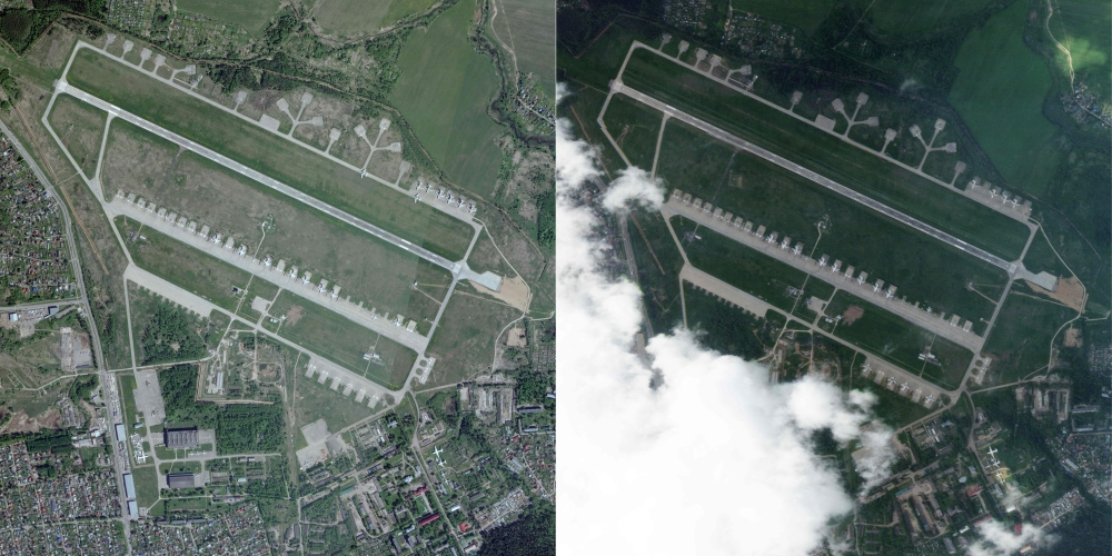 This combination of pictures created on June 2, 2025 shows from left: a satellite image taken and released by Planet Labs PBC on June 2, 2025, showing a pre-strike image of the Ivanovo Airbase east of Moscow, captured on May 22, 2025, and a satellite image taken and released by Planet Labs PBC on June 2, 2025, showing a post-strike image of Ivanovo Airbase, east of Moscow captured on June 2, 2025. — 2025 Planet Labs PBC handout pic via AFP 
