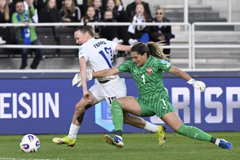 Serbia’s goalkeeper Milica Kostic vies with Finland’s forward Sanni Franssi during the Uefa Women’S Nations League football match between Finland and Serbia in Helsinki, Finland, on June 3, 2025. Finland women’s national team manager has apologised for mistakenly calling up a long-retired 51-year-old for this week’s game against Serbia. — AFP pic 