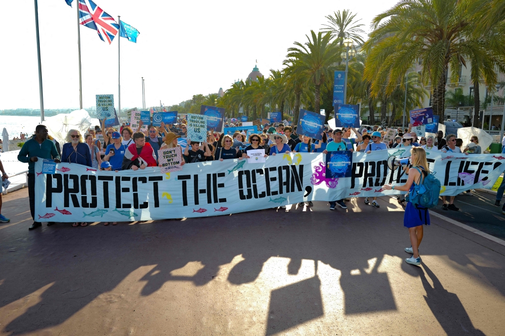 People take part in the Blue March (Marche Bleue) on the Promenade des Anglais ahead of the United Nations Ocean Conference (Unoc 3), in the French riviera city of Nice, south-eastern France June 7, 2025. — AFP pic