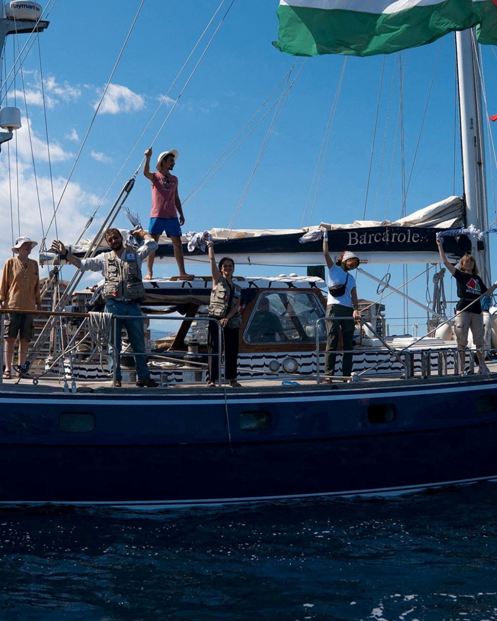 This file photo released on June 2 on social media shows activist Greta Thunberg (right) and crew standing aboard the aid ship Madleen, which left the Italian port of Catania on June 1 to travel to Gaza to deliver humanitarian aid. — Picture via Reuters/Freedom Flotilla Coalition