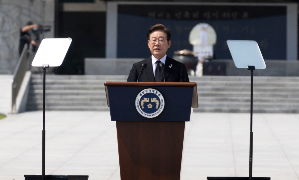 South Korean President Lee Jae-myung delivers a speech during a ceremony to mark the 70th Memorial Day at the Seoul National Cemetery in Seoul June 6, 2025. — AFP pic
