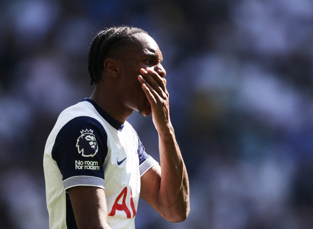 Tottenham Hotspur’s Mathys Tel reacts during the Premier League match against Crystal Palace at Tottenham Hotspur Stadium, London May 11, 2025. — Reuters pic 