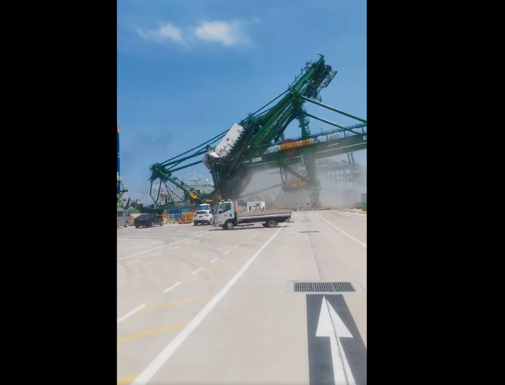 A screenshot from the Safety Watch - SG Facebook account shows the toppled crane at Tuas Port during delivery on June 15, 2025. 