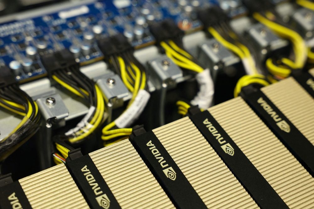 Nvidia components are displayed at the GTC Paris NVIDIA stand at the VivaTech technology startups and innovation fair at the Paris Expo Porte de Versailles, in Paris on June 12, 2025. — AFP